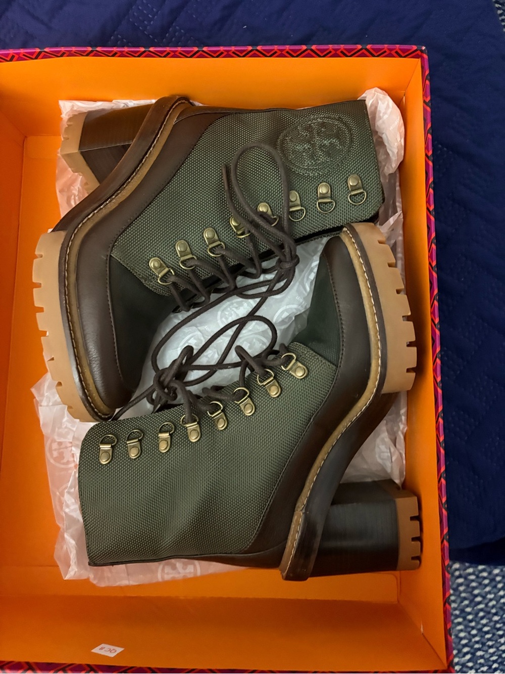 Tory Burch Olive and Brown Lace-Up Block Heel Boots
